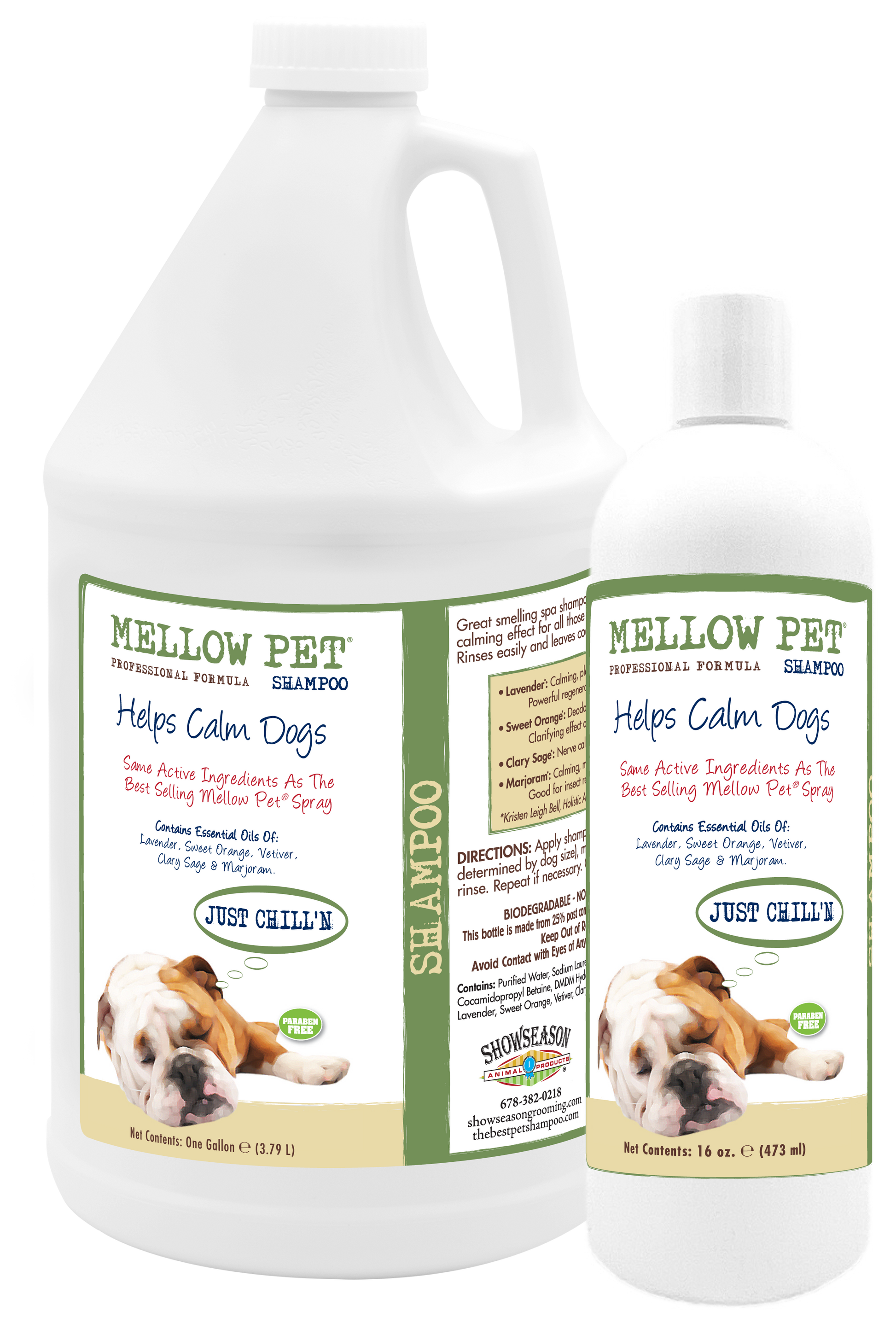 Mellow Pet Shampoo with ingredients and instructions in 1 gallon and 16 ounce bottles.