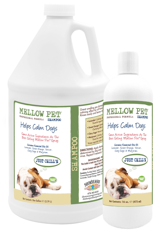 Mellow Pet Shampoo with ingredients and instructions in 1 gallon and 16 ounce bottles.