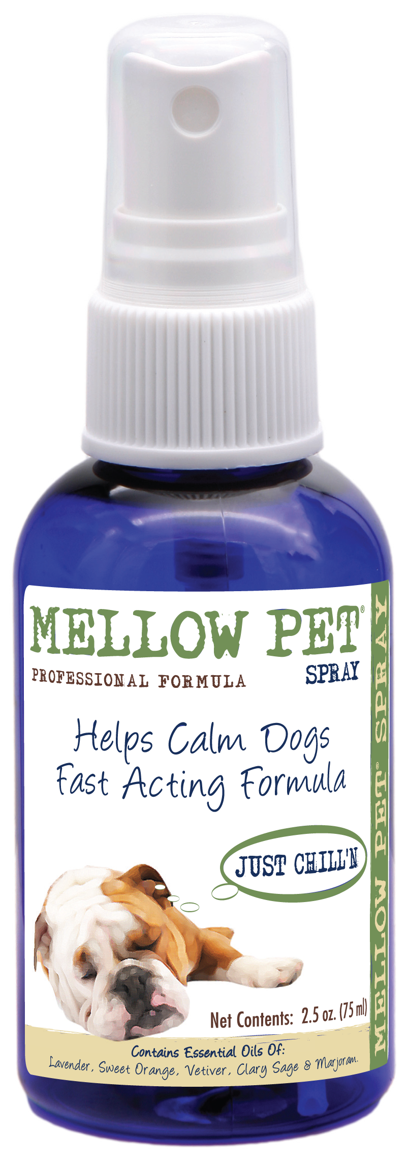 Mellow Pet Spray for calming dogs in 2.5 ounce pump spray bottle. 