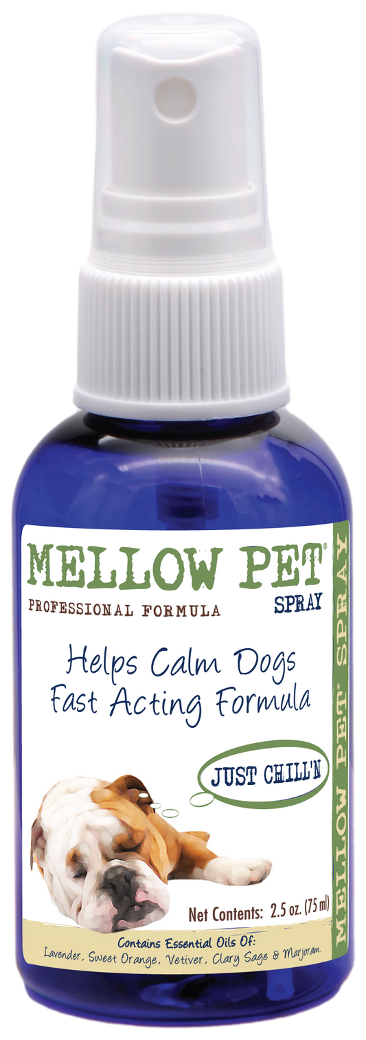 Mellow Pet Spray for calming dogs in 2.5 ounce pump spray bottle. 