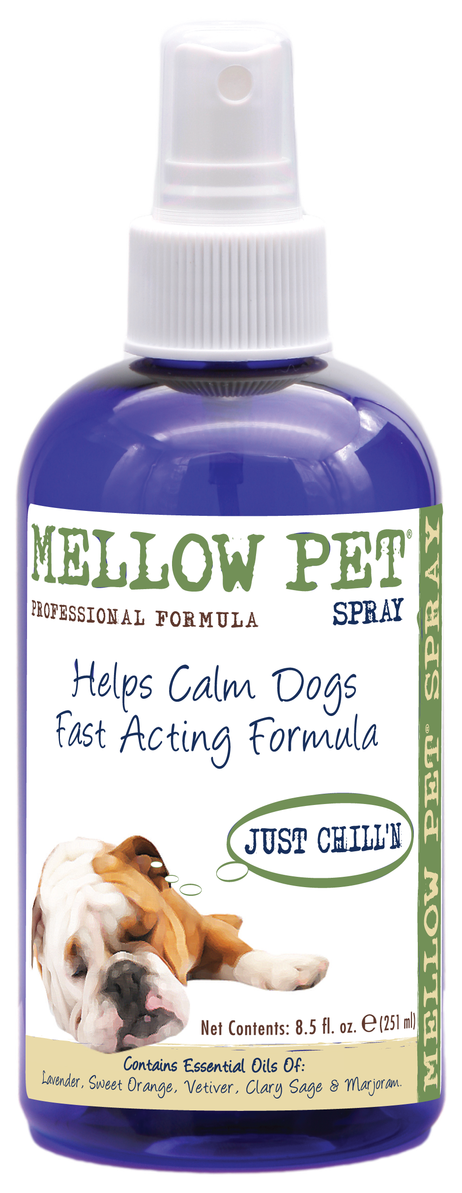 Mellow Pet Spray for calming dogs in 8.5 ounce pump spray bottle. 