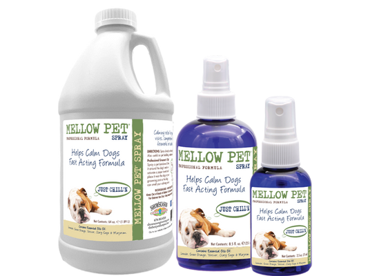 Mellow Pet Spray for calming dogs in half gallon bottle, 8.5 ounce pump spray bottle and 2.5 ounce pump spray bottle. 