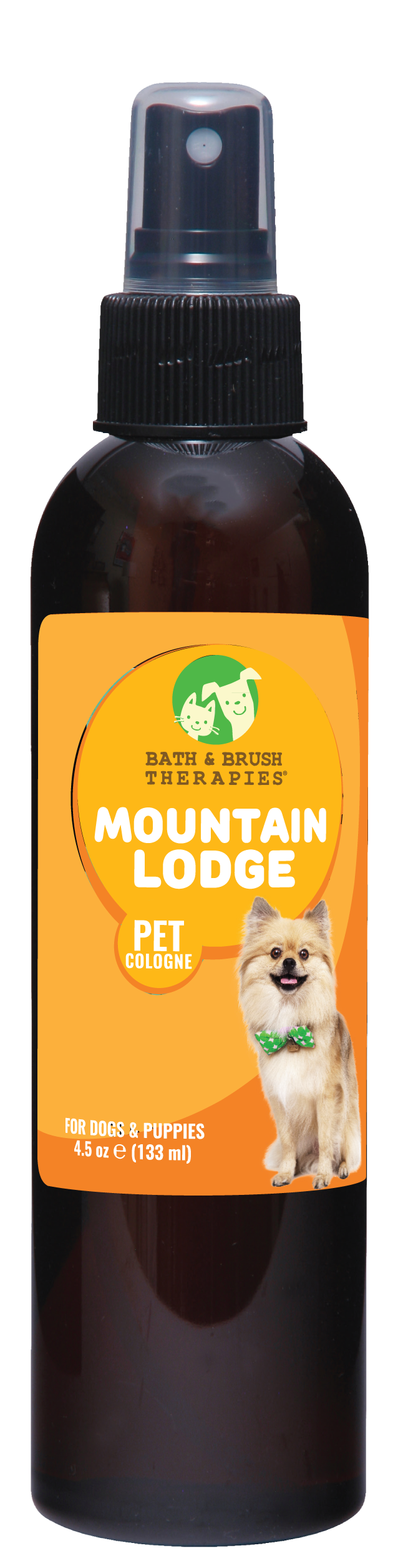 Mountain Lodge Pet Cologne by Bath and Brush Therapies in 4.5 ounce pump spray bottle. 