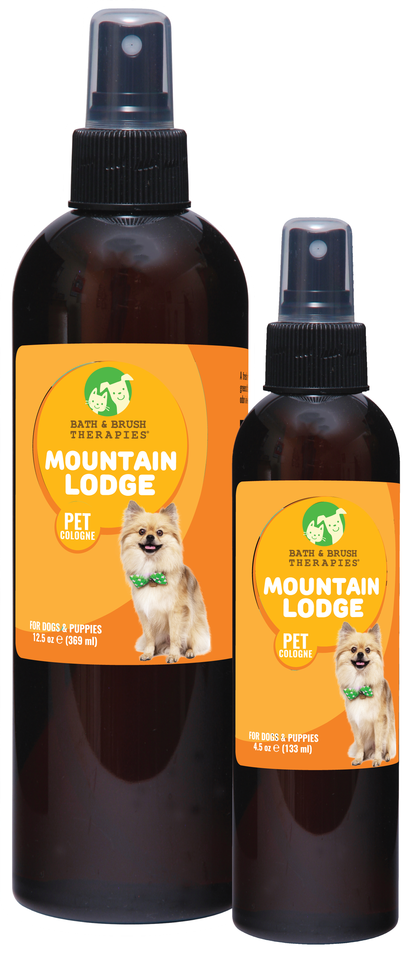 Mountain Lodge Pet Cologne by Bath and Brush Therapies in 12.5 and 4.5 ounce pump spray bottles. 