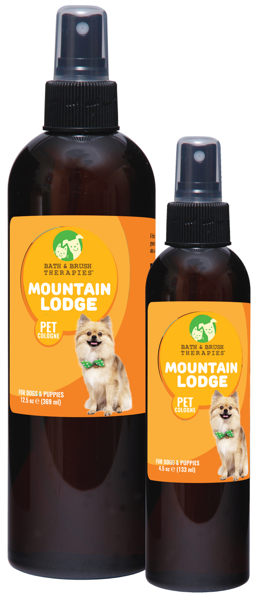 Mountain Lodge Pet Cologne by Bath and Brush Therapies in 12.5 and 4.5 ounce pump spray bottles. 