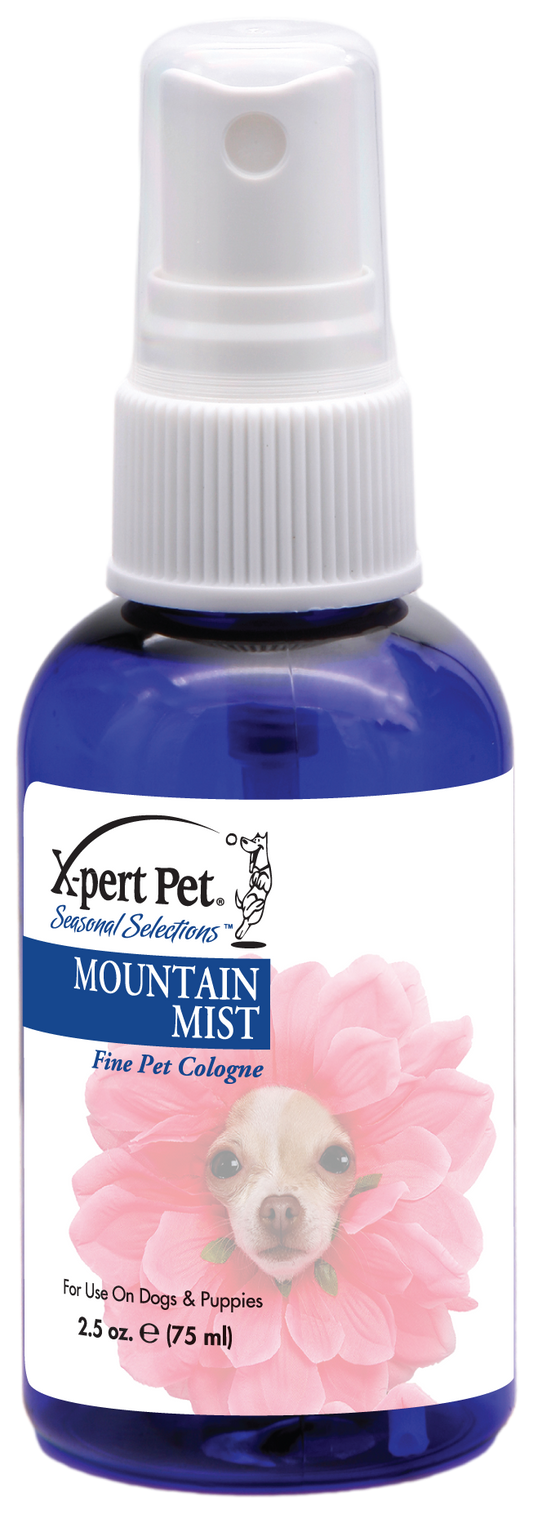 X-Pert Pet Seasonal Selection Mountain Mist Fine Pet Cologne in 2.5 ounce blue pump spray bottle.