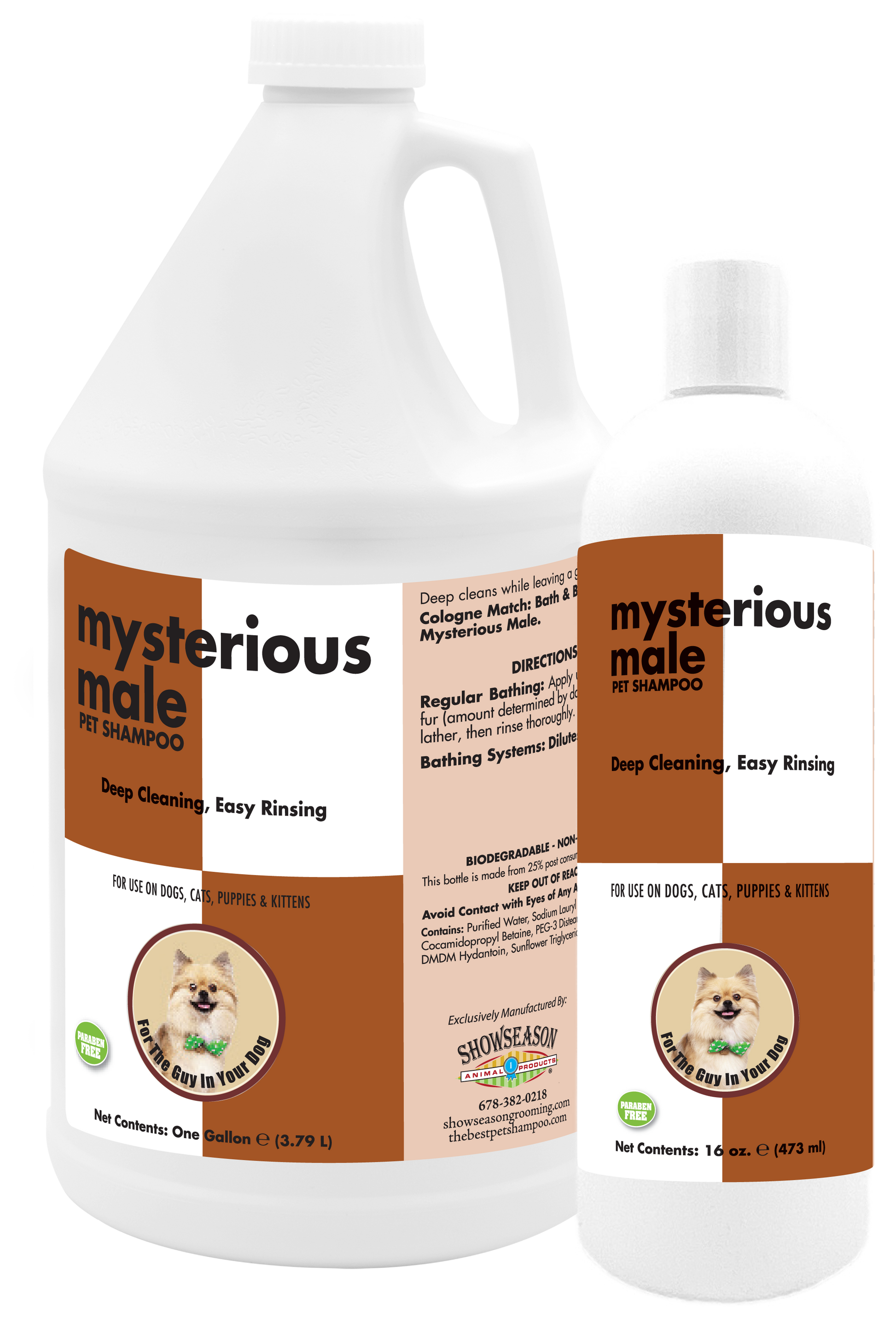 Mysterious Male Pet Shampoo with instructions in 1 gallon and 16 ounce bottle. 