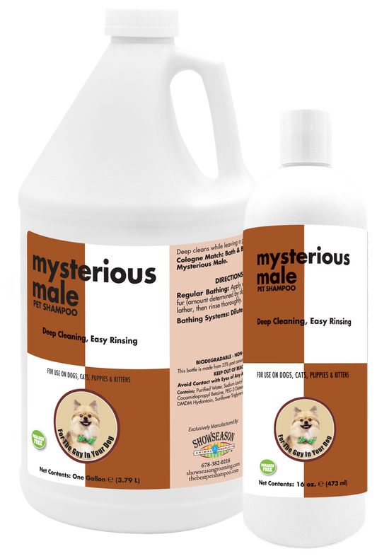 Mysterious Male Pet Shampoo with instructions in 1 gallon and 16 ounce bottle. 