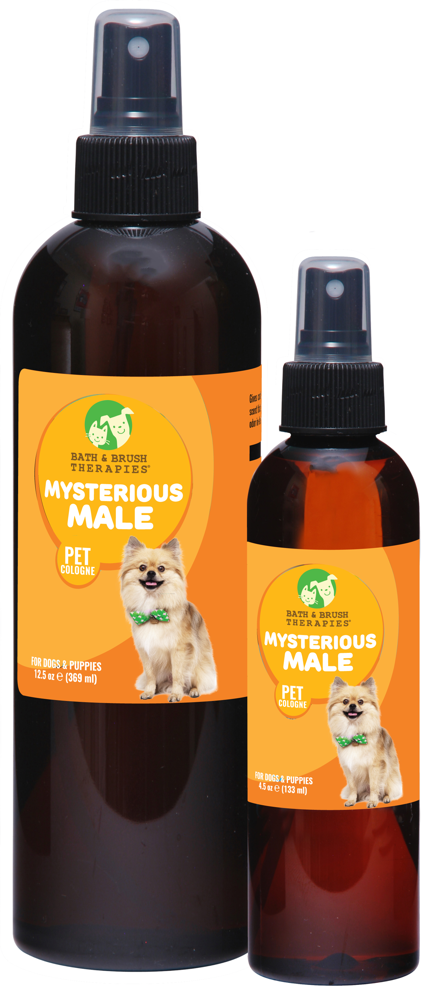 Mysterious Male Pet Cologne by Bath and Brush Therapies in 12.5 ounce and 4.5 ounce spray bottles with little dog on the front of the bottle. 