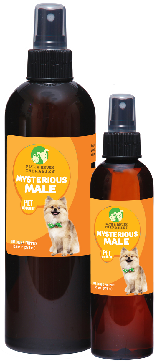 Mysterious Male Pet Cologne by Bath and Brush Therapies in 12.5 ounce and 4.5 ounce spray bottles with little dog on the front of the bottle. 