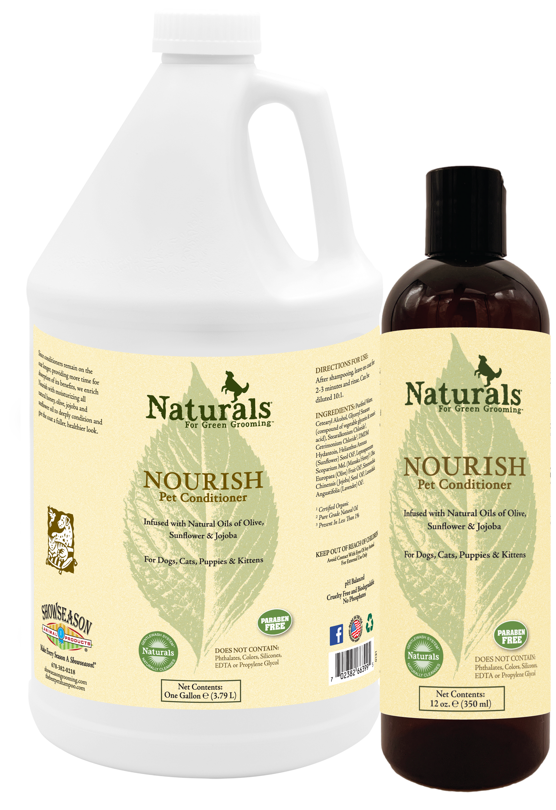 Nourish Pet Conditioner by Naturals for Green Grooming in 1 gallon and 12 ounce bottles. 