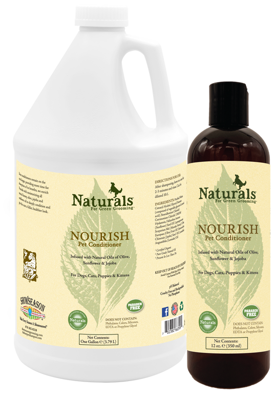 Nourish Pet Conditioner by Naturals for Green Grooming in 1 gallon and 12 ounce bottles. 