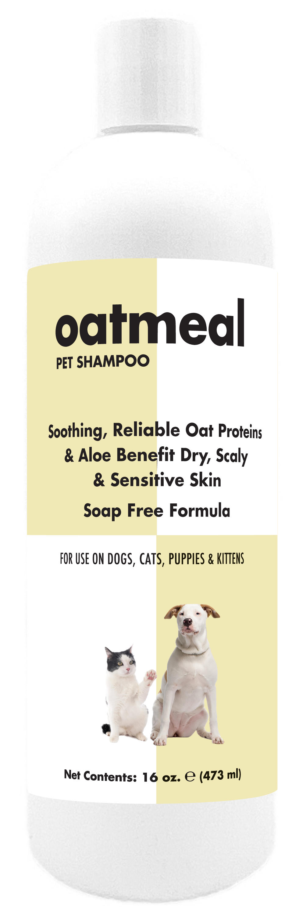 Oatmeal pet shampoo in 16 ounce bottle with instructions. 