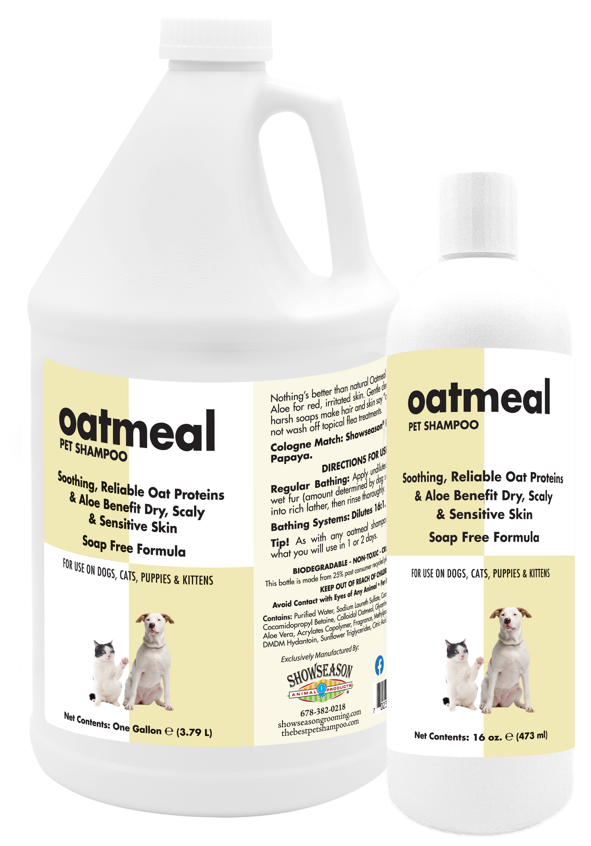 Oatmeal pet shampoo in 1 gallon and 16 ounce bottles with instructions. 