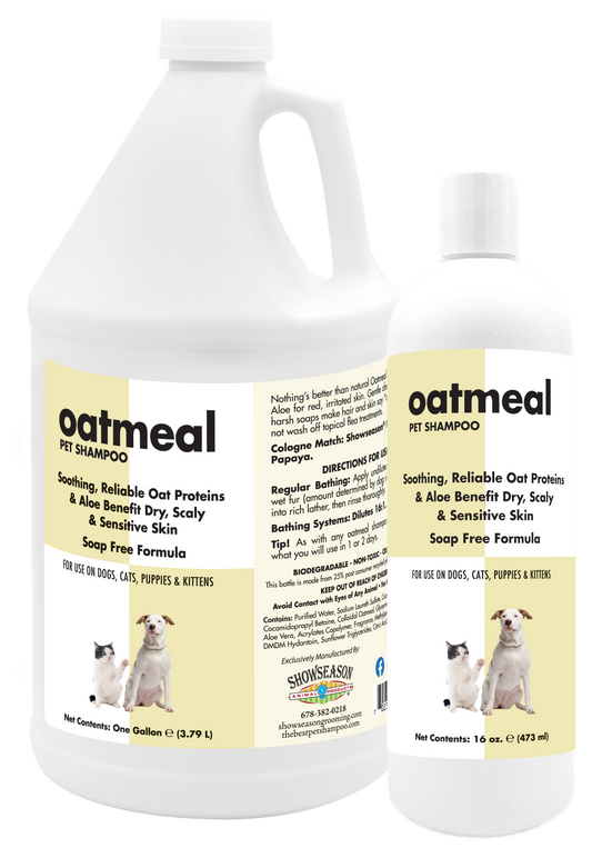 Oatmeal pet shampoo in 1 gallon and 16 ounce bottles with instructions. 
