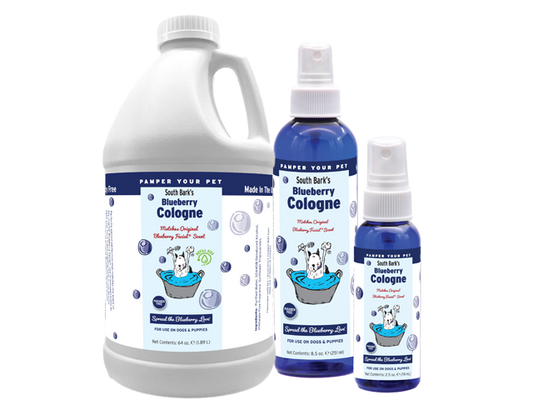South Bark's Blueberry Cologne in 1 gallon, 8.5 ounce, and 2.5 ounce bottle. 