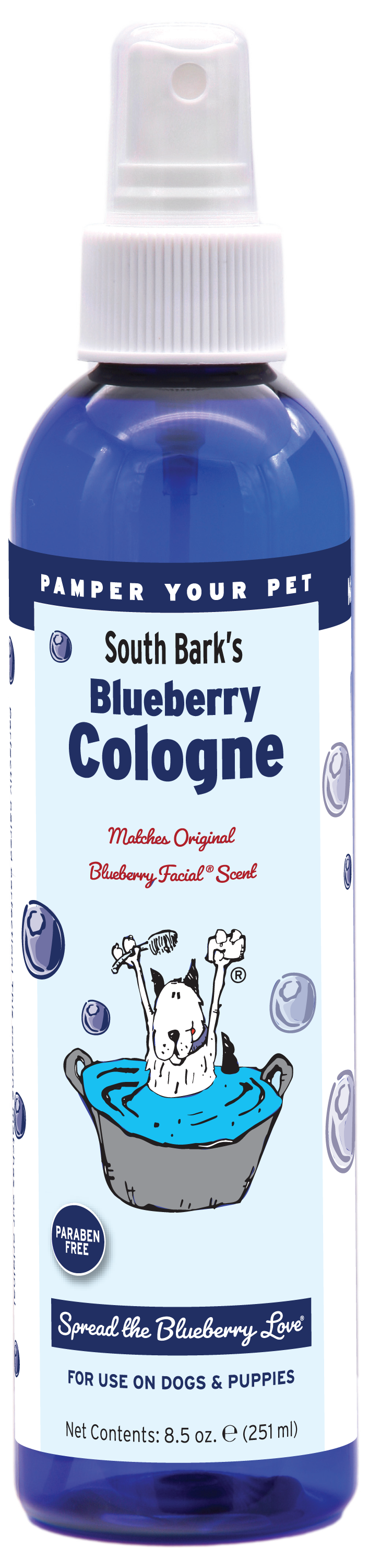 South Bark's Blueberry Cologne in 8.5 ounce pump spray bottle. 