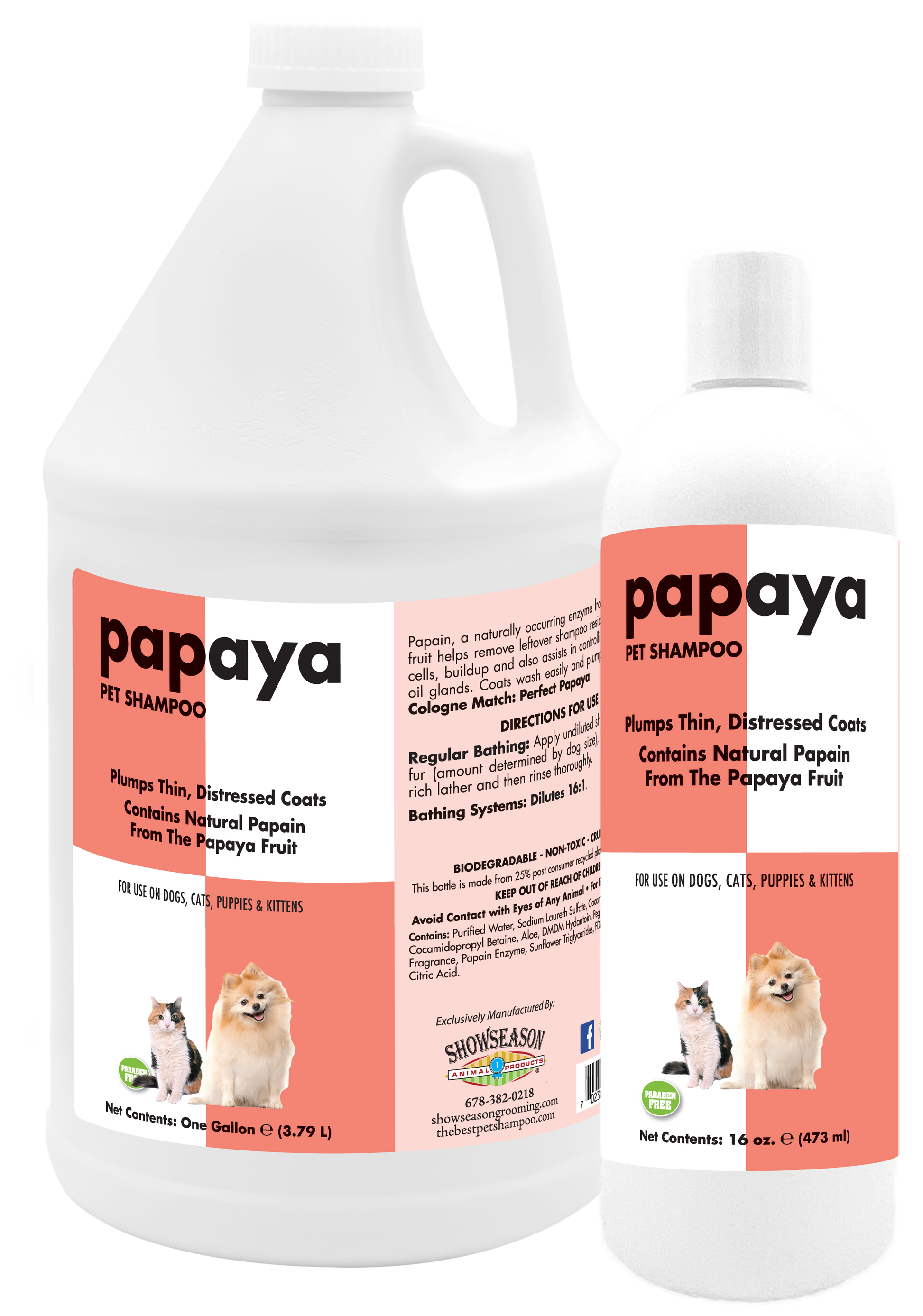 Papaya Pet Shampoo in 1 gallon and 16 ounce bottle. 
