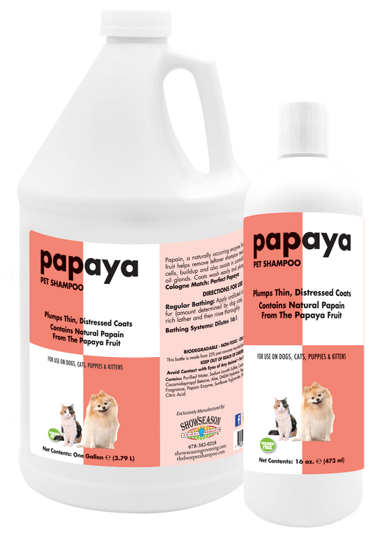 Papaya Pet Shampoo in 1 gallon and 16 ounce bottle. 
