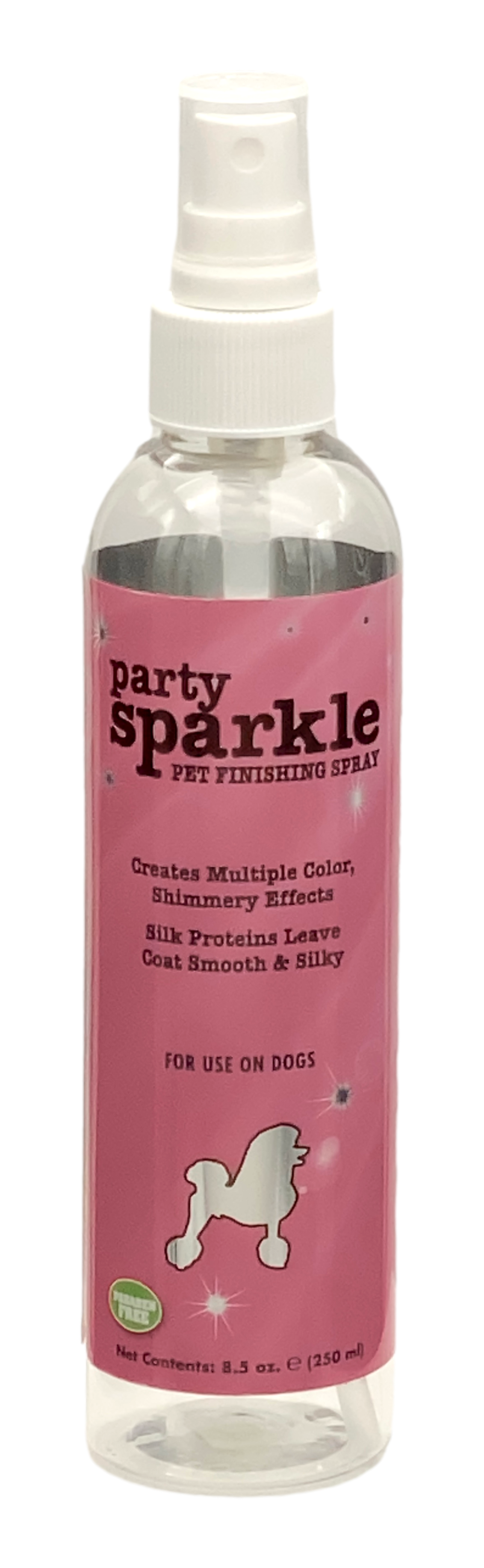 Party sparkle pet finishing spray in 8.5 ounce pump spray bottle. 