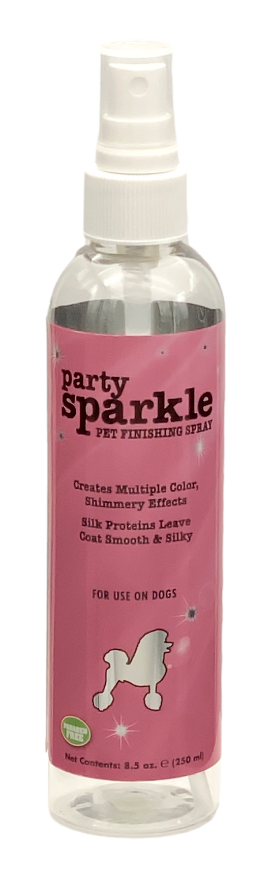 Party sparkle pet finishing spray in 8.5 ounce pump spray bottle. 