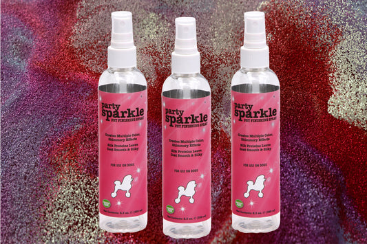Party Sparkle pet finishing spray in three 8.5 ounce bottles over pink, red, purple, and gold sparkle background. 