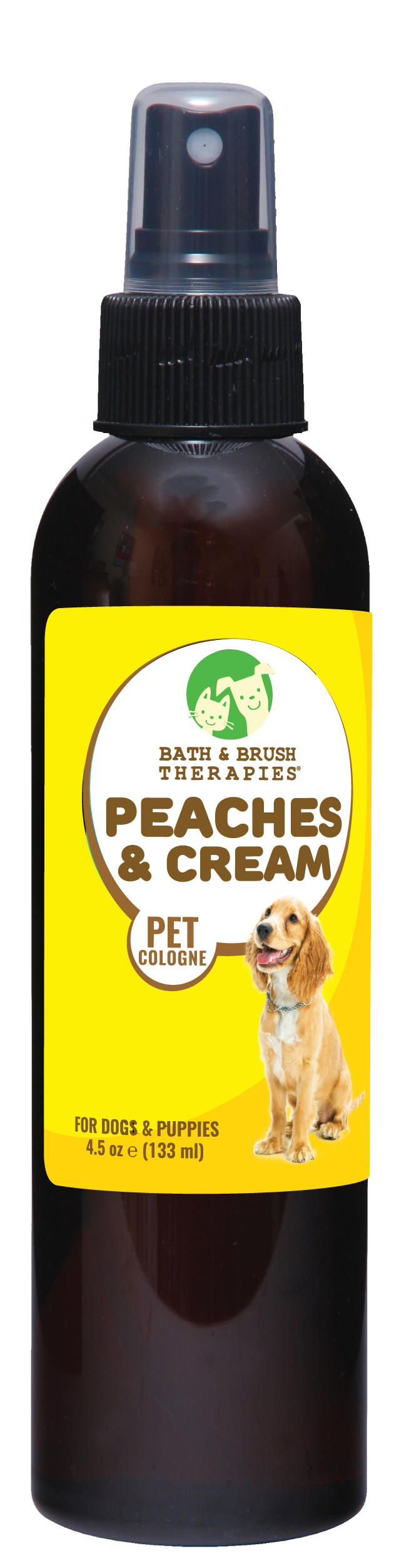 Bath and Brush Therapies Peaches and Cream Pet Cologne 4.5 ounce pump spray bottle.