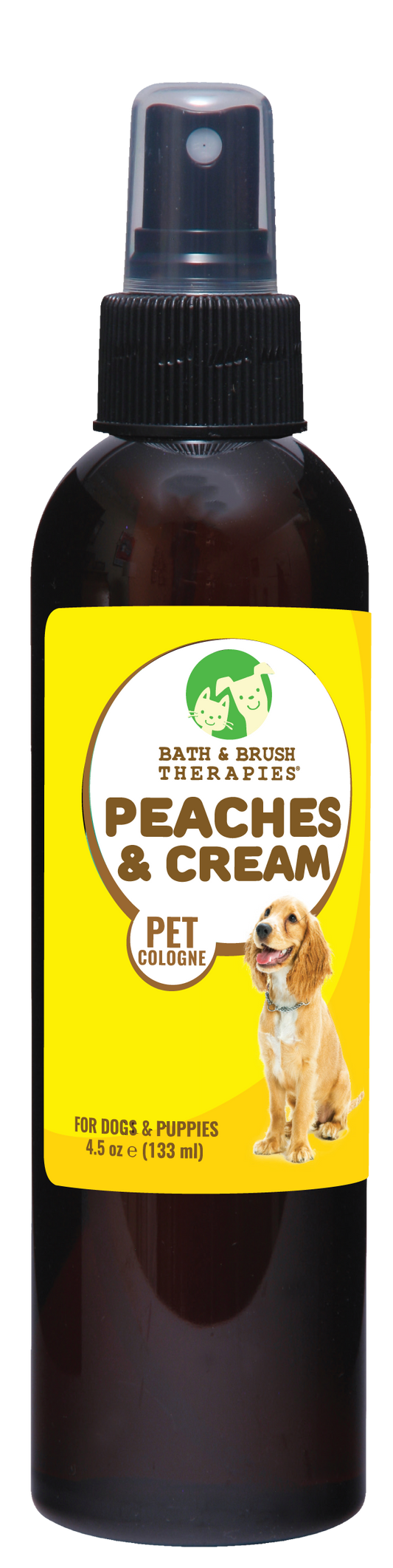 Bath and Brush Therapies Peaches and Cream Pet Cologne 4.5 ounce pump spray bottle.