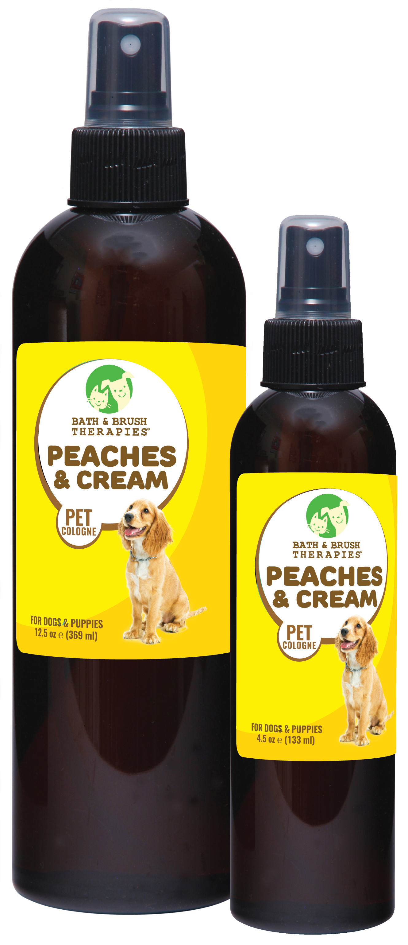 Bath and Brush Therapies Peaches and Cream Pet Cologne in a 12.5 ounce and 8.5 ounce pump spray bottle. 
