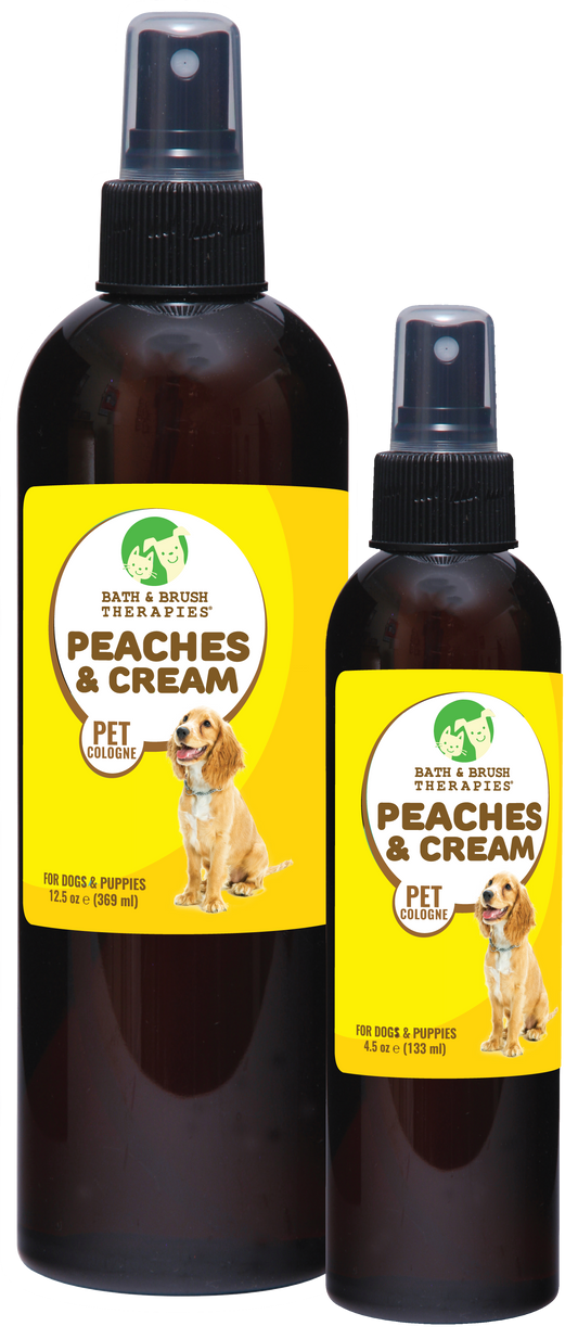 Bath and Brush Therapies Peaches and Cream Pet Cologne in a 12.5 ounce and 8.5 ounce pump spray bottle. 