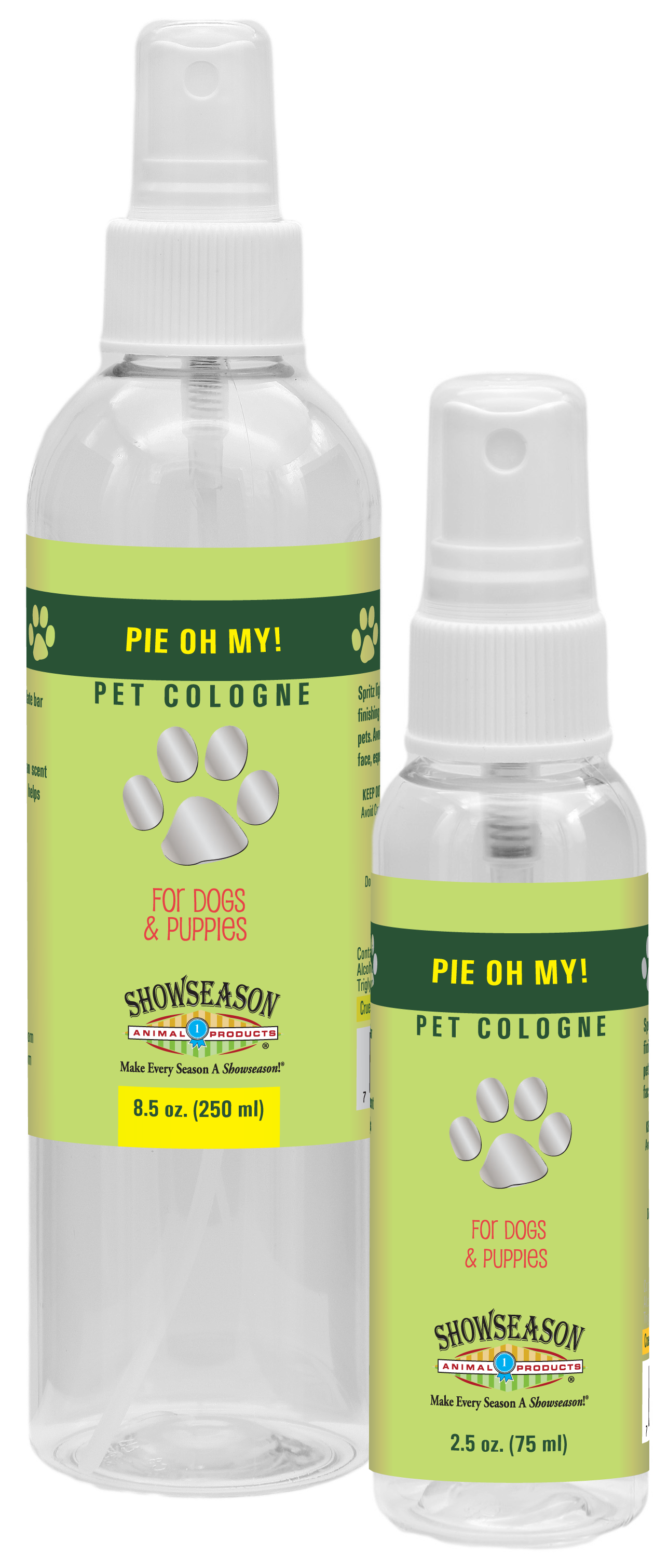 Pie oh My! Pet Cologne 8.5 ounce and 2.5 ounce pump spray bottles. 