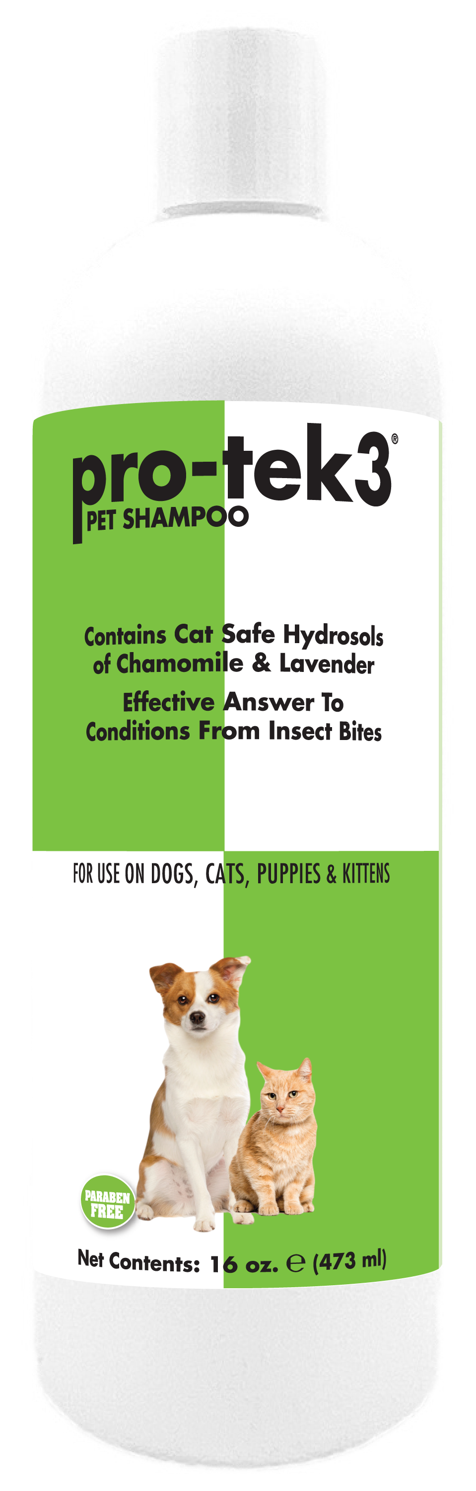 Pro-tek3 Pet Shampoo 16 ounce with product information and use. 