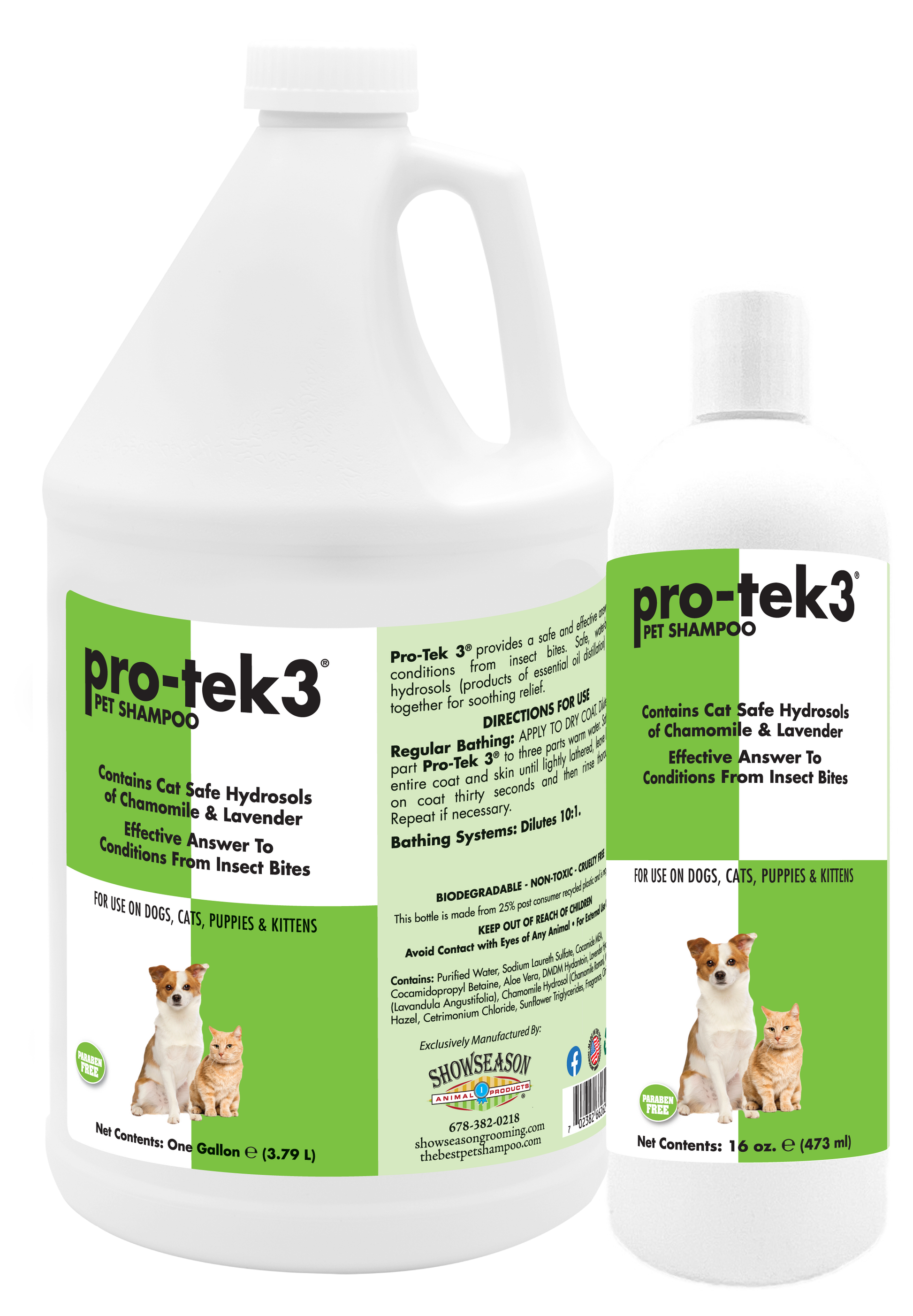 Pro-tek3 pestice free Pet shampoo in 1 gallon and 16 ounce bottle with product information. 
