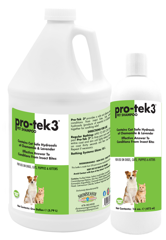 Pro-tek3 pestice free Pet shampoo in 1 gallon and 16 ounce bottle with product information. 