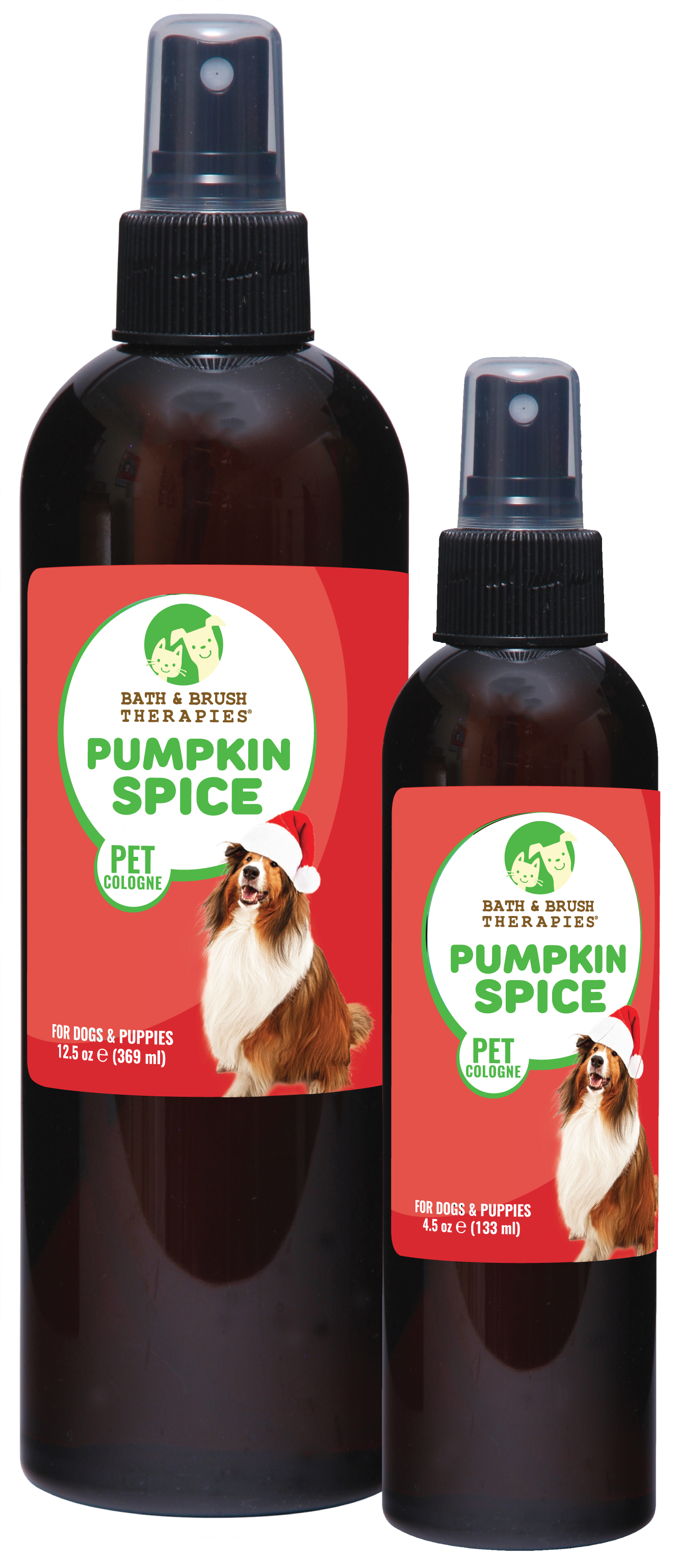 Bath and Brush Therapies Pumpkin Spice Pet Cologne in two pump spray bottles, a 12.5 ounce and a 4.5 ounce bottle. 