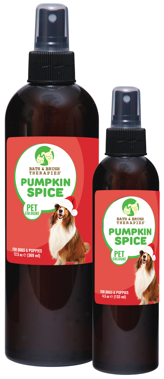 Bath and Brush Therapies Pumpkin Spice Pet Cologne in two pump spray bottles, a 12.5 ounce and a 4.5 ounce bottle. 