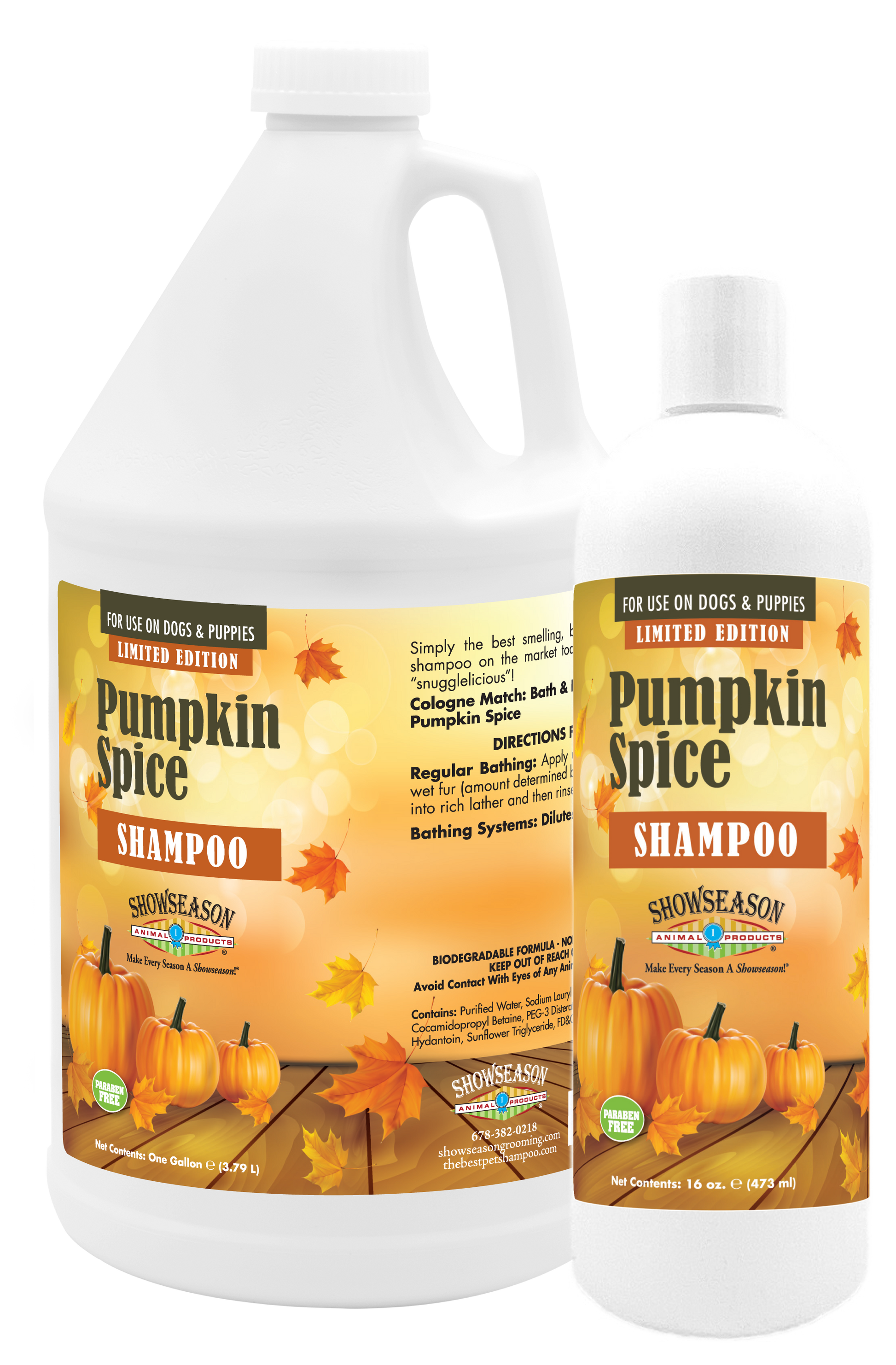 Pumpkin Spice Shampoo in 1 gallon and 16 ounce bottles. 
