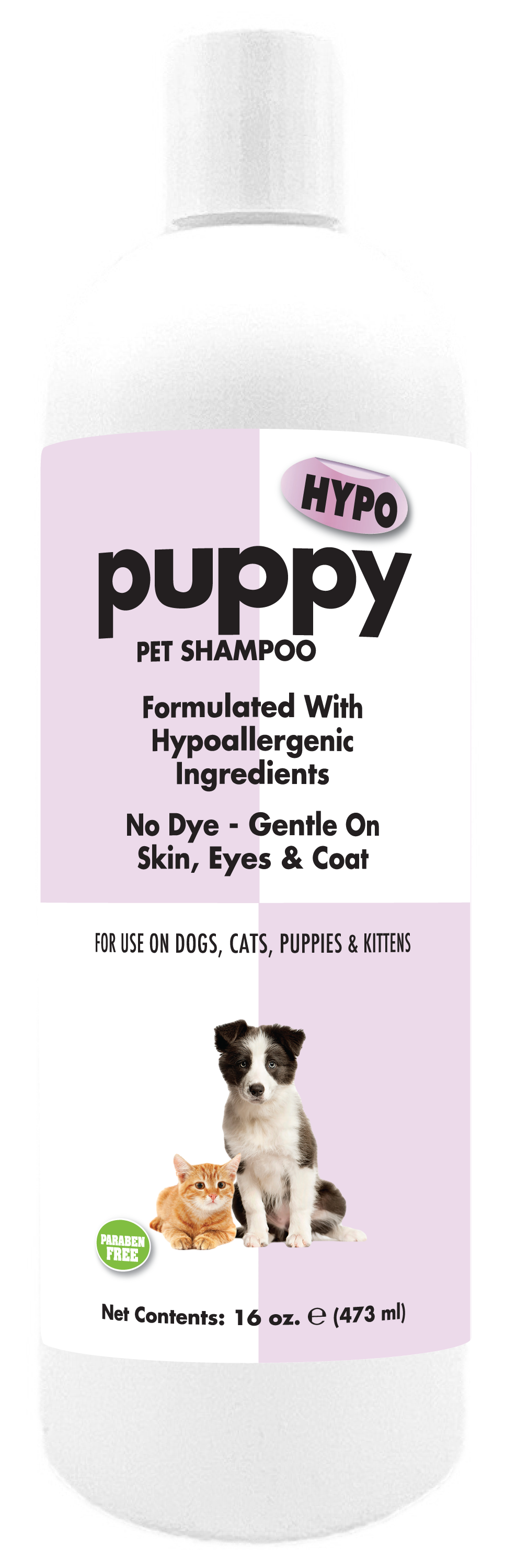 Puppy hypo pet shampoo with product information in a 16 ounce bottle. 