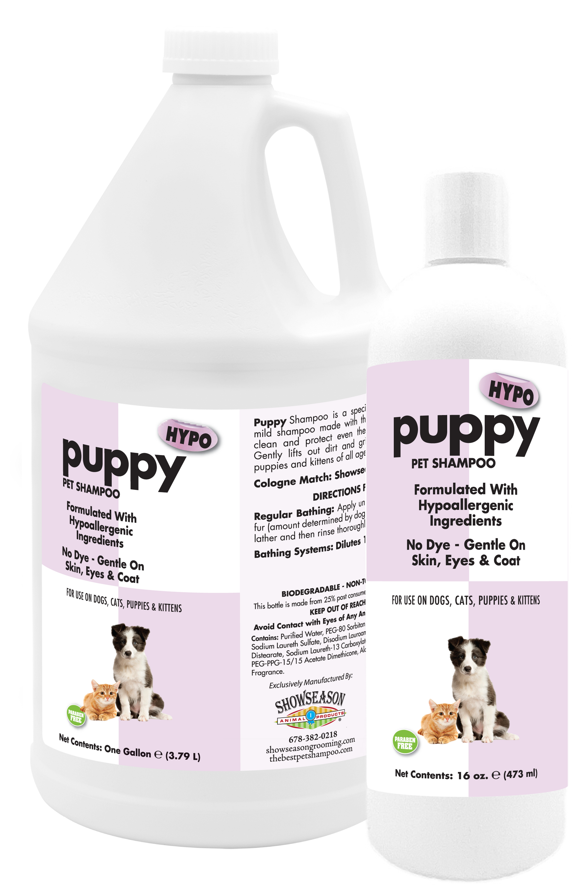 Puppy hypo pet shampoo with product information in a 1 gallon and 16 ounce bottle. 