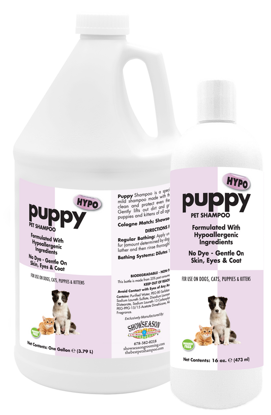 Puppy hypo pet shampoo with product information in a 1 gallon and 16 ounce bottle. 