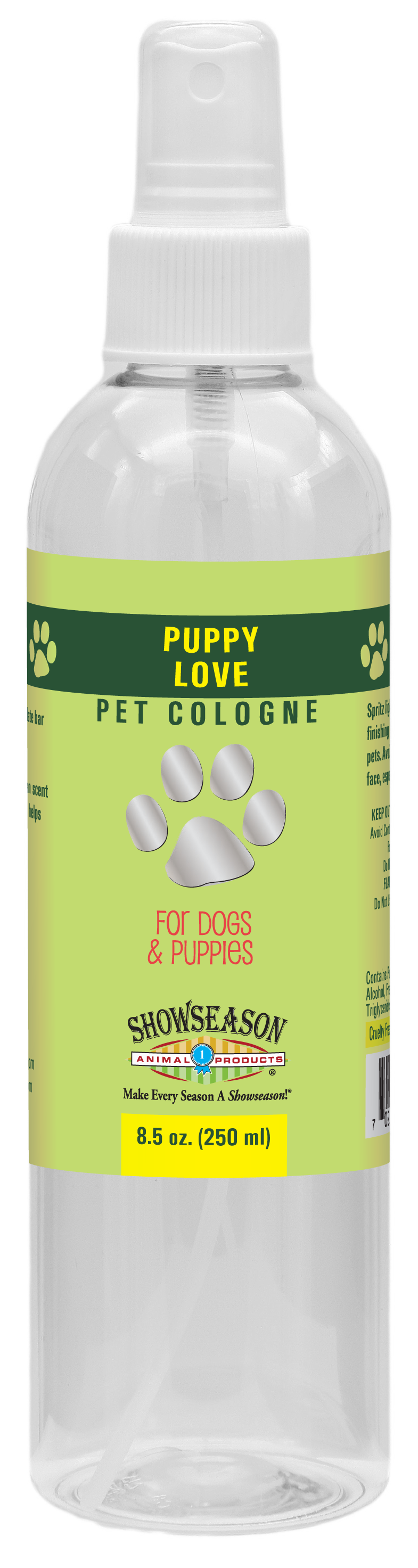 Showseason Puppy Love Pet Cologne in an 8.5 ounce spray bottle. 