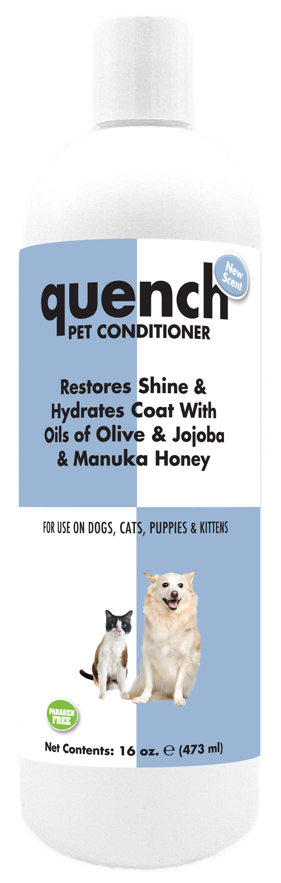 Quench Pet conditioner in a 16 ounce bottle with product information