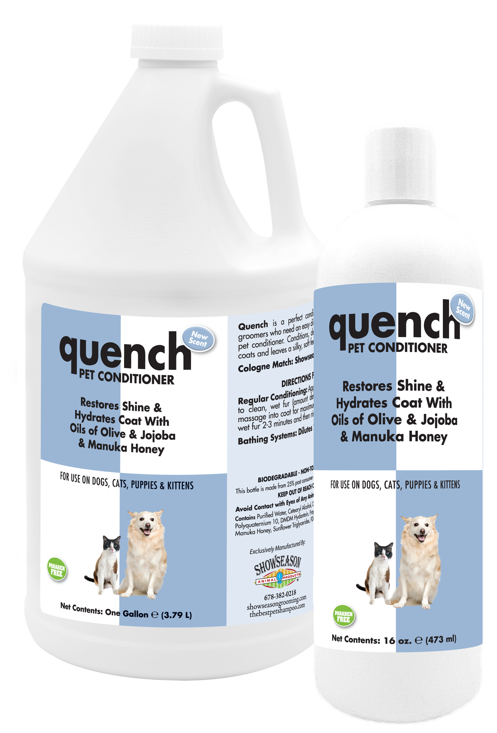 Quench Pet conditioner in two bottles, 1 gallon and 16 ounce. 