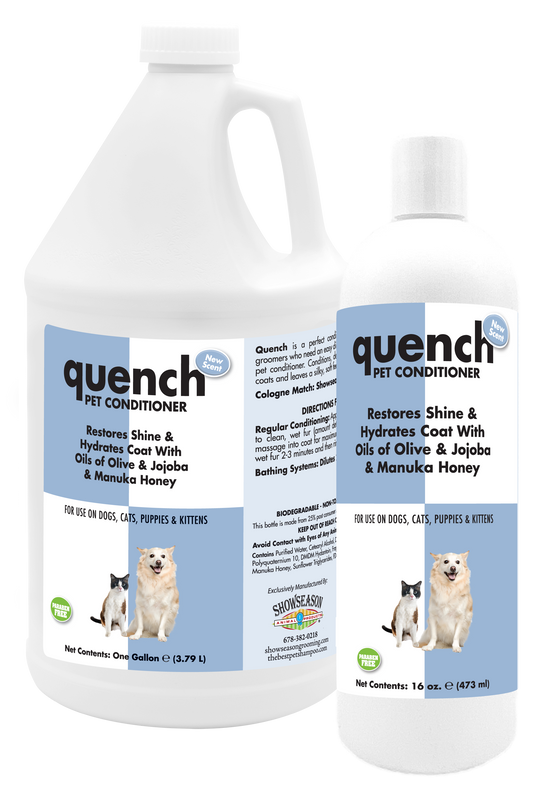 Quench Pet conditioner in two bottles, 1 gallon and 16 ounce. 