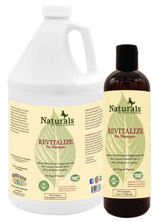 Naturals for Green Grooming Revitalize Pet Shampoo in two sizes, a one bottle and 12 ounce bottle. 
