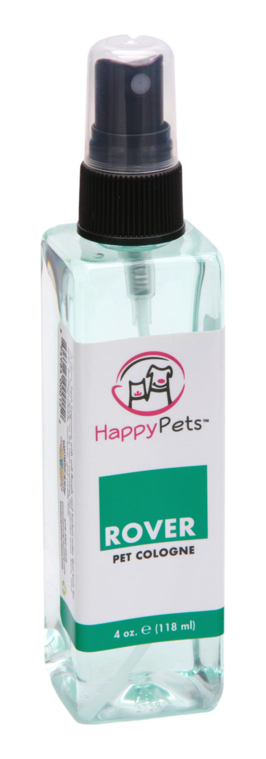 Happy Pets Rover Pet Cologne in a 4 ounce square bottle with pump lid. 