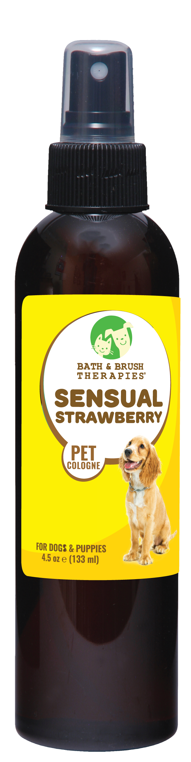 Bath and Brush Therapies Sensual Strawberry Pet Cologne in a 4.5 ounce brown spray bottle.