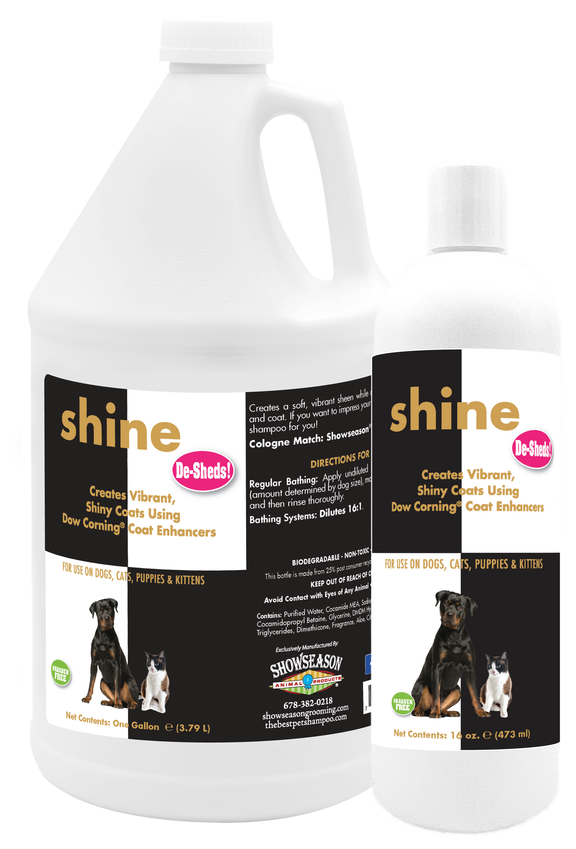 Shine Deshed Shampoo in two sizes, 1 gallon and 16 ounce bottles. 