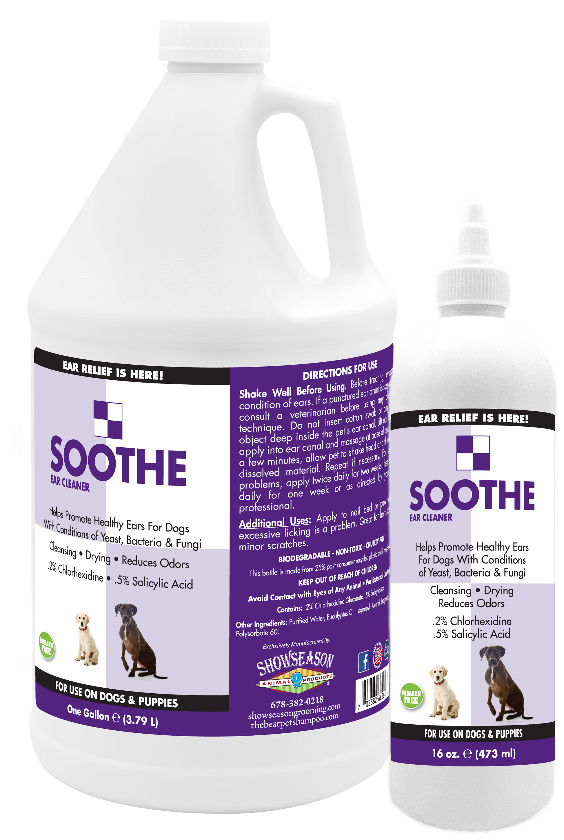 Soothe Ear Cleaner in two bottles, a 1 gallon bottle and a 16 ounce bottle. 