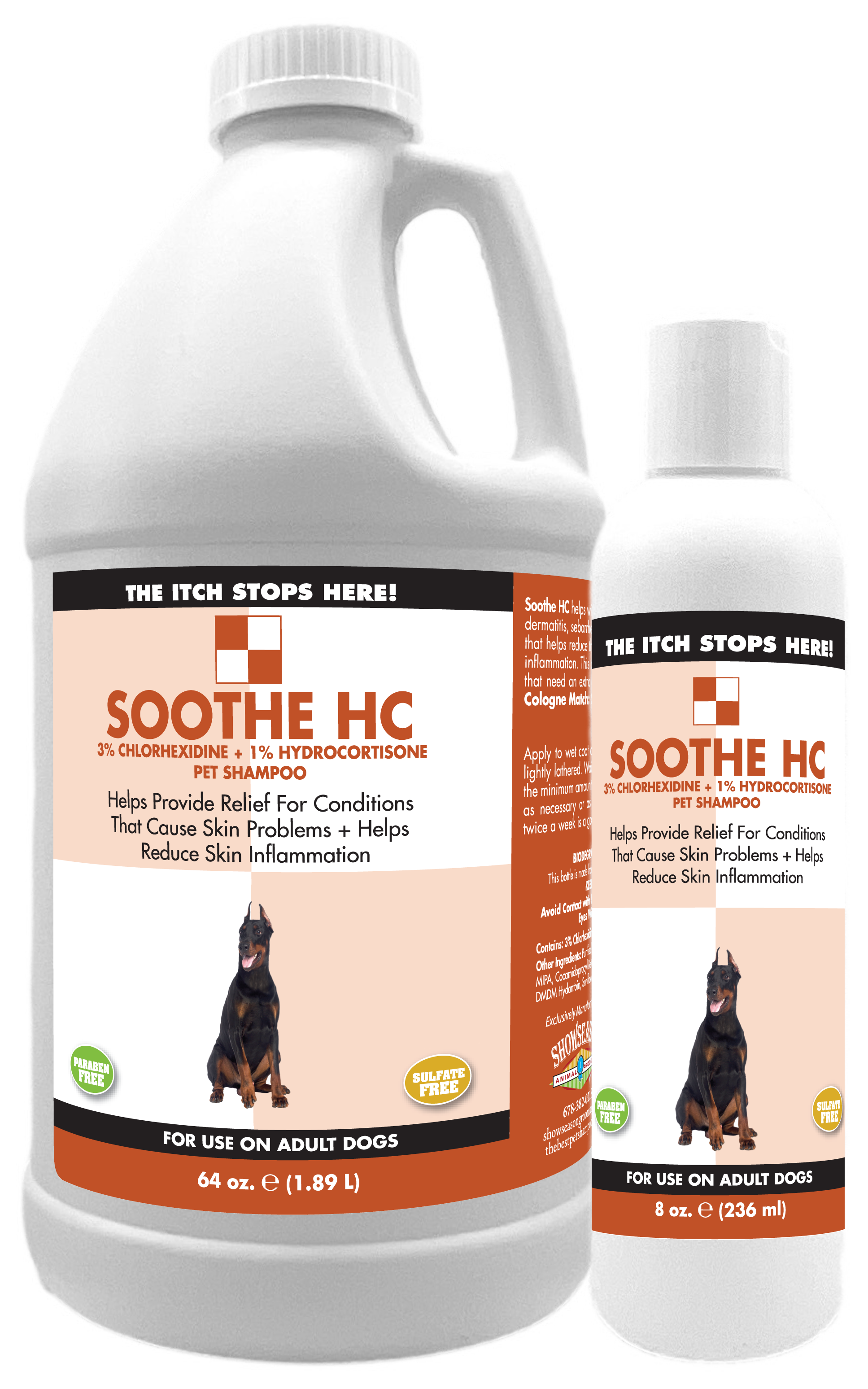 HC Medicated Pet Shampoo in two sizes, 1 gallon and 8 ounce bottle. 